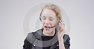 Face, call center and happy woman in conversation on headphones in studio isolated on white background mockup. Portrait