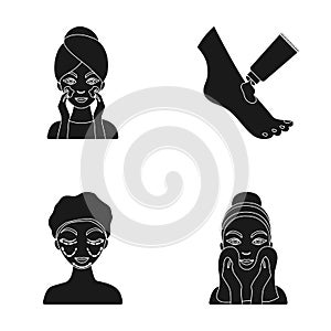 Face care, plastic surgery, face wiping, moisturizing the feet. Skin Care set collection icons in black style vector