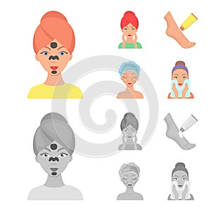 Face care, plastic surgery, face wiping, moisturizing the feet. Skin Care set collection icons in cartoon,monochrome