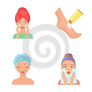 Face care, plastic surgery, face wiping, moisturizing the feet. Skin Care set collection icons in cartoon style vector