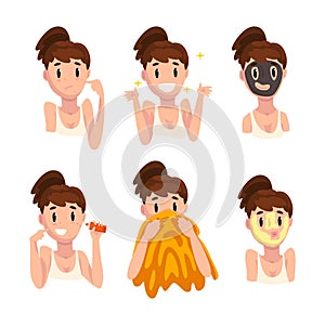 Face Care Routine with Young Girl Applying Mask and Cream on Skin with Acne and Drying It with Towel Vector Set
