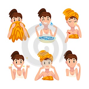 Face Care Routine with Young Girl Washing, Applying Cream on Skin with Acne and Drying It with Towel Vector Set