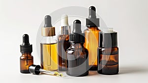 Face care and serum glass bottles over white background, face and body care concept