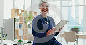 Face, ceo and senior woman with tablet, business and happy in creative startup, company or office. Portrait, tech and