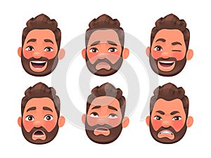 Face of the character of a bearded man with different emotions. Laughter, anger, surprise, sadness. Emoji. Set of human emotion