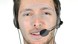 Face Close up of Talking Call Center Agent on White Background