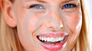 Face closeup, skincare and beauty of happy woman for dermatology, wellness or aesthetic. Portrait, smile and blonde