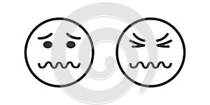 Face with confounded emotion, squiggly mouth and scrunched mimicry. Dizzy, grumpy, unhappy, sad emoticon icon isolated