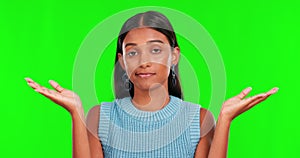 Face, confused and woman in green screen studio with questions, why and emoji hands on mockup studio background