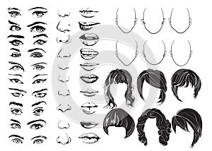 Face constructor, eyes, lips, noses and hair, vector woman face parts, head character. Vector illustration