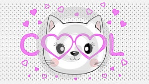 The face of a cool cat in pink glasses of hearts style.