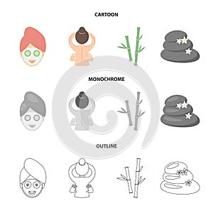 Face with a cosmetic mask with cucumbers, massage hands, bamboo, stones with lotus flowers. Spa set collection icons in
