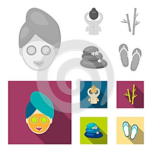 Face with a cosmetic mask with cucumbers, massage hands, bamboo, stones with lotus flowers. Spa set collection icons in