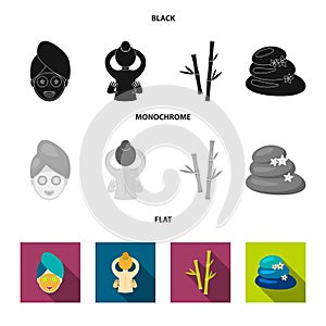 Face with a cosmetic mask with cucumbers, massage hands, bamboo, stones with lotus flowers. Spa set collection icons in