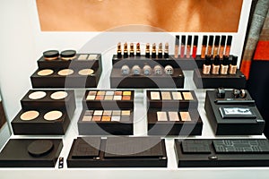 Face cosmetic set in beauty shop closeup, nobody