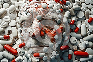 A face covered by a multitude of pills, symbolizing the overwhelming impact of medicinal treatment for avitaminosis