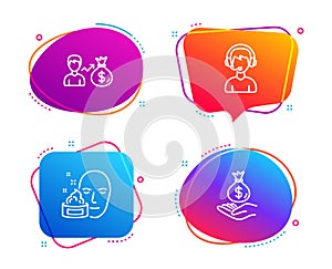 Face cream, Consultant and Sallary icons set. Income money sign. Gel, Call center, Person earnings. Savings. Vector photo