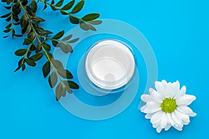 Face cream jar with white chamomile flower and green branch on a blue background. Herbal lotion in a glass container, natural