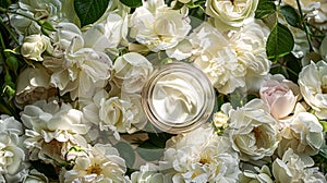 Face cream moisturizer jar on floral background. Cosmetic branding, toiletries and skincare concept