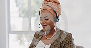 Face, customer service and black woman at call center consulting in office. Telemarketing, customer support or female