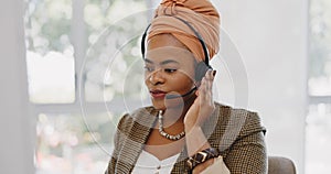 Face, customer service and black woman at call center consulting in office. Telemarketing, customer support or female