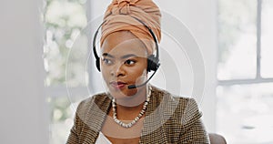 Face, customer service and black woman at call center consulting in office. Telemarketing, customer support or female