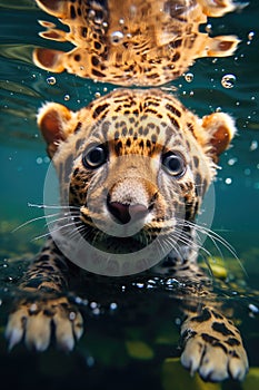 face of a cute tiger leopard cub is diving above the surface of the river water