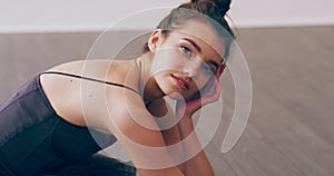 Face, dance and woman stretching, ballerina and performance with wellness, practice and moving. Portrait, performer and