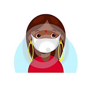 Face of a dark skinned girl in mask. Cartoon portrait of a young indian woman. Avatar character for an icon, logo, hand