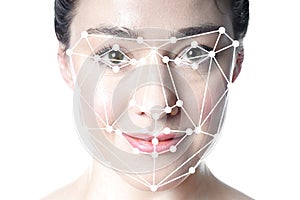 Face detection or facial recognition grid overlay on face of woman