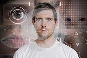 Face detection and recognition of man. Computer vision and machine learning concept photo