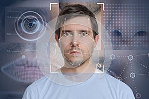 Face detection and recognition of man. Computer vision and machine learning concept