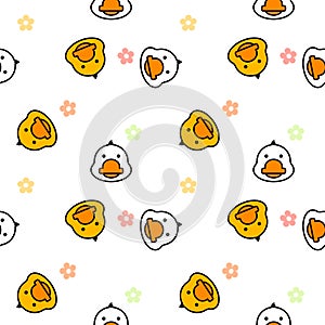 Face duck cartoon so cute. On flower white background. Pattern seamless vector illustration