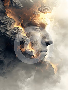 Face Emerging from Flames and Clouds, Emotions and Transformation