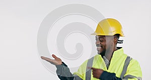 Face, engineer and construction worker in studio advertising mockup space, announcement and information on white