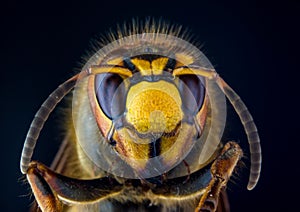 Face of European hornet Vespa on black background