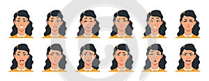 Face expression. Cartoon girl character with sad happy angry surprised emotion. Vector woman avatar constructor with