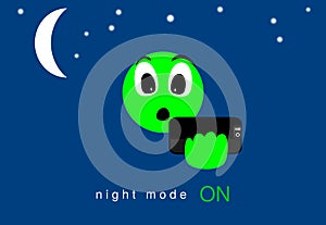 Face, expression of emoticons of Pleasant surprise. Technology of night mode effect on the screen of the application.