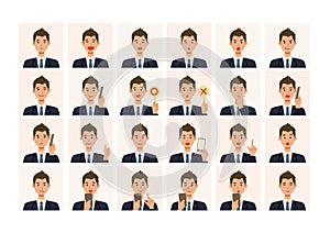 Face expressions of a businessman in suits. Different male emotions and poses set.