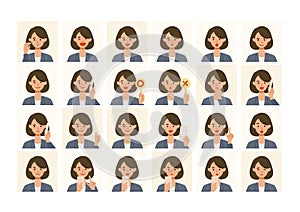 Face expressions of a businesswoman in suits. Different female emotions and poses set.