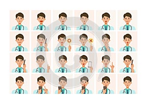 Face expressions of a doctor man in lab coat. Different male emotions and poses set