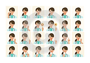 Face expressions of a doctor woman in lab coat. Different female emotions and poses set