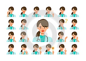 Face expressions of a doctor woman in lab coat. Different female emotions and poses set