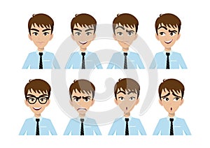 Face expressions of handsome businessman. Different male emotions set. Smart cartoon character. Vector illustration