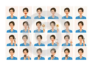 Face expressions of a healthcare professional man in scrub. Different male emotions and poses set.