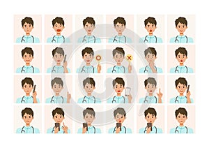 Face expressions of a healthcare professional man in white uniform. Different male emotions and poses set