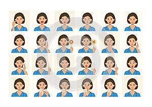 Face expressions of a healthcare professional woman in scrub. Different female emotions and poses set.