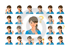 Face expressions of a healthcare professional woman in scrub. Different female emotions and poses set
