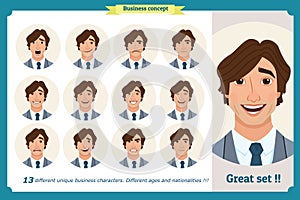 Face expressions of a man.Different male emotions set.Flat character. Young businessman in a suit. Isolated vector