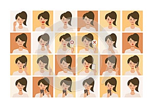 Face expressions of ponytail woman. Different female emotions and poses set